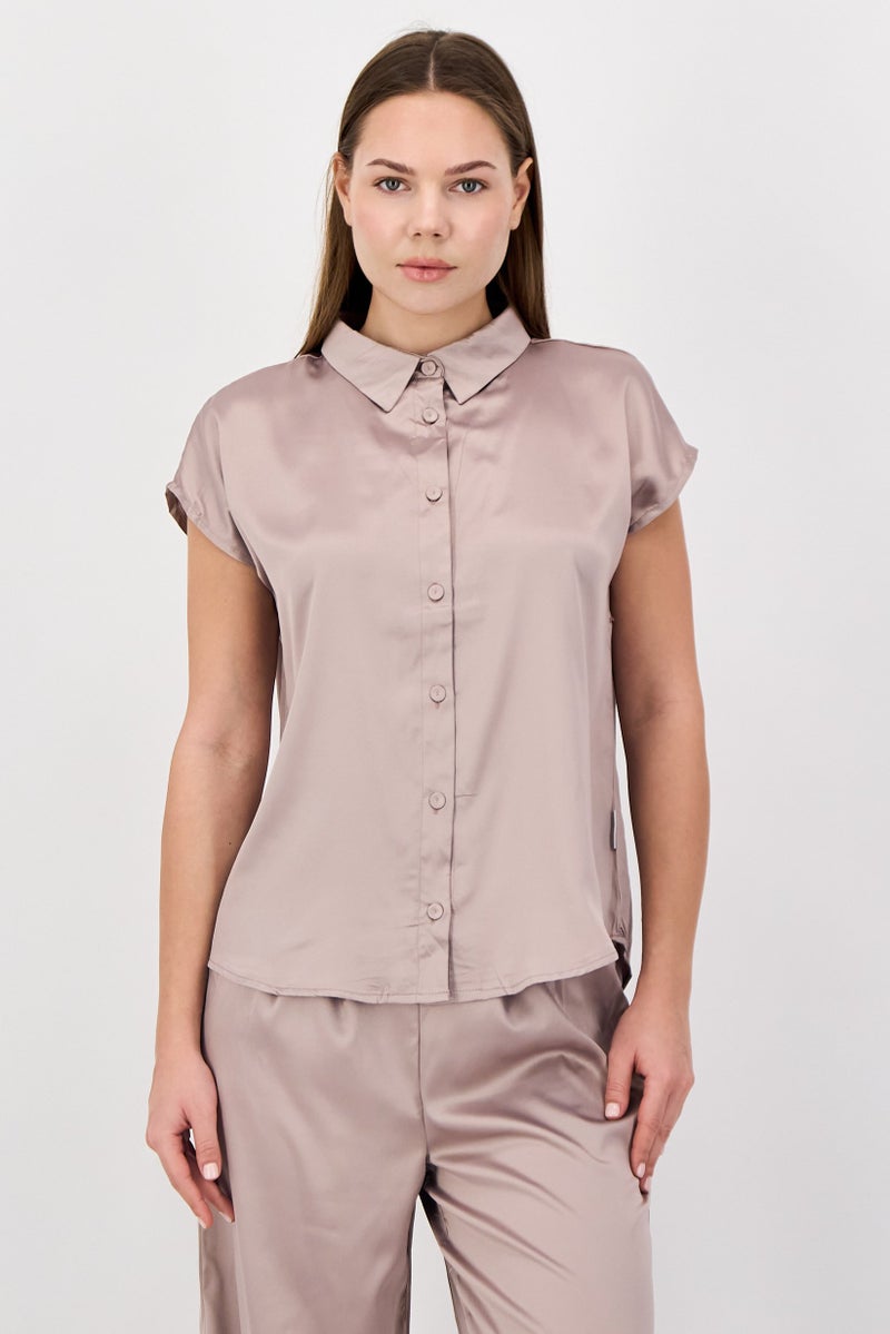 NINE WEST Women 2 Pieces Solid Top And Bottom Pajama Set, Tan - Image 2